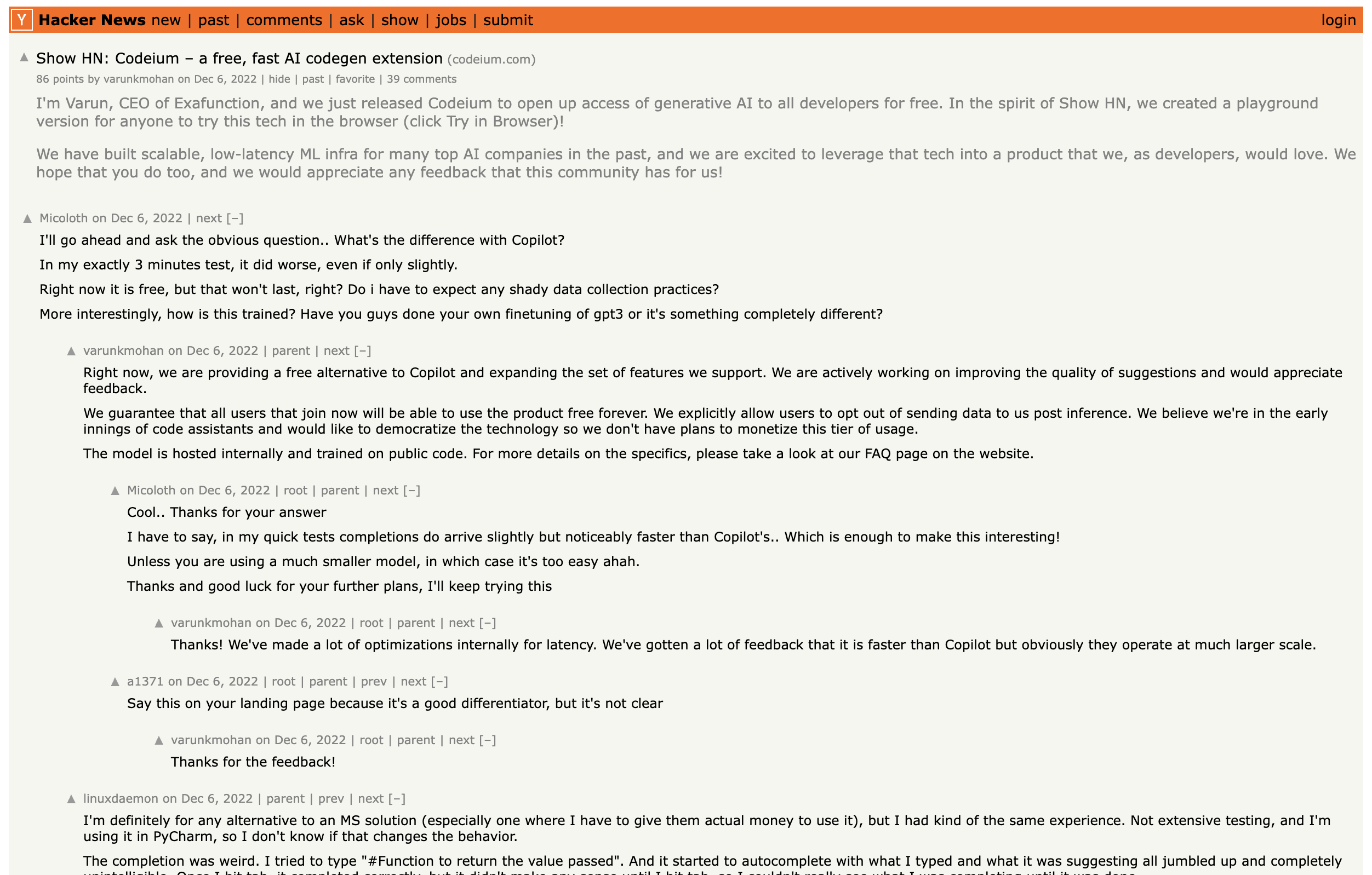 Show HN: Codeium, a free fast AI codegen extension, posted by varunkmohan in December 2022, 86 points and 39 comments